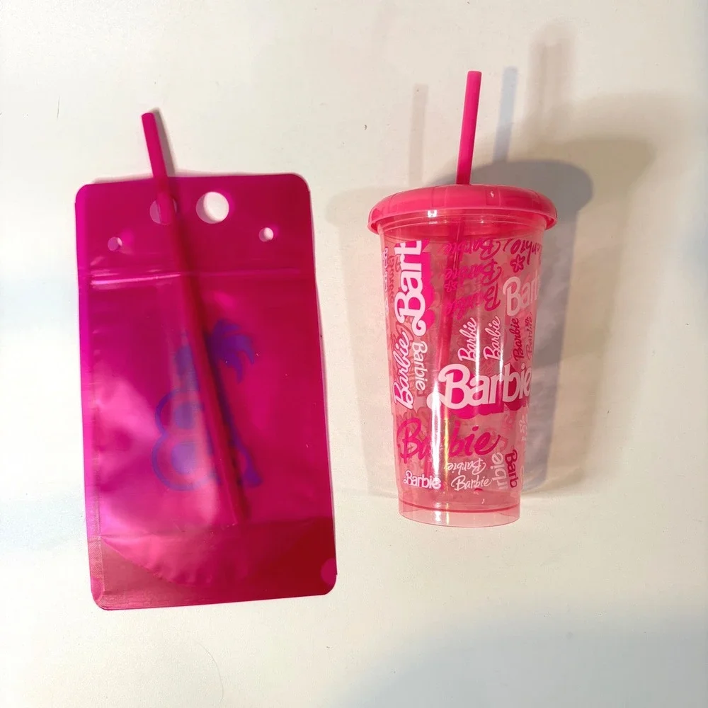 Barbie Pink Tumbler and Reusable Drink Pouch Set with Straws Mattel Movie Merch